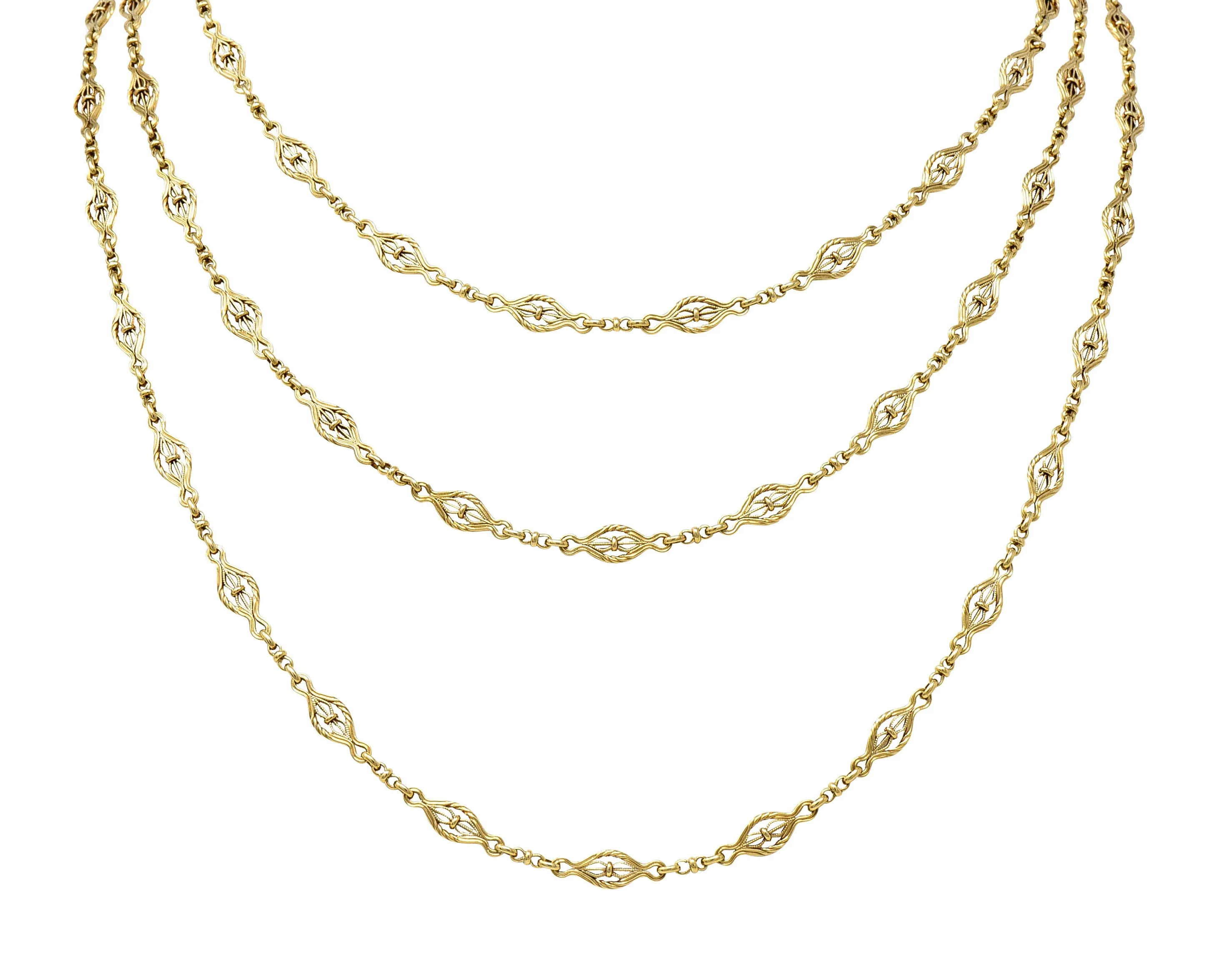 Victorian 14 Karat Gold 62 Inch Filigree Long Chain Necklace