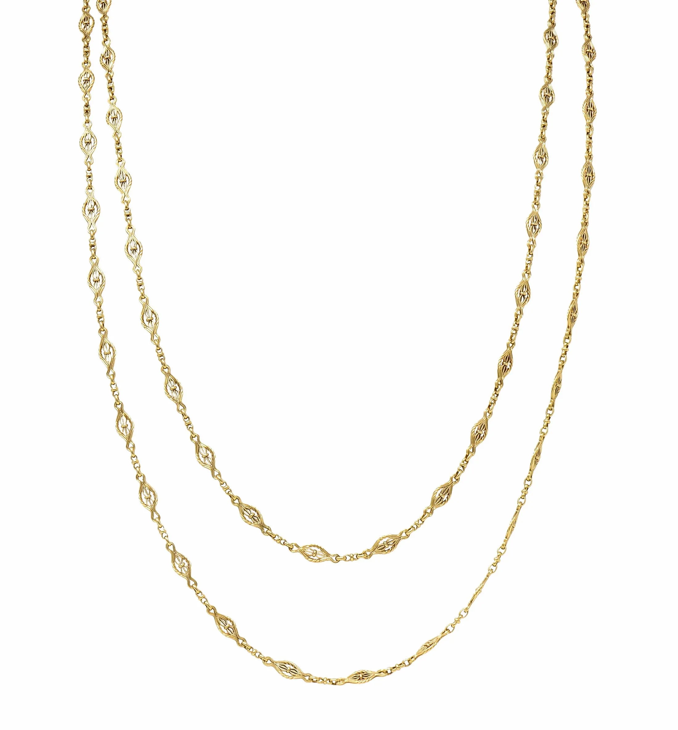 Victorian 14 Karat Gold 62 Inch Filigree Long Chain Necklace