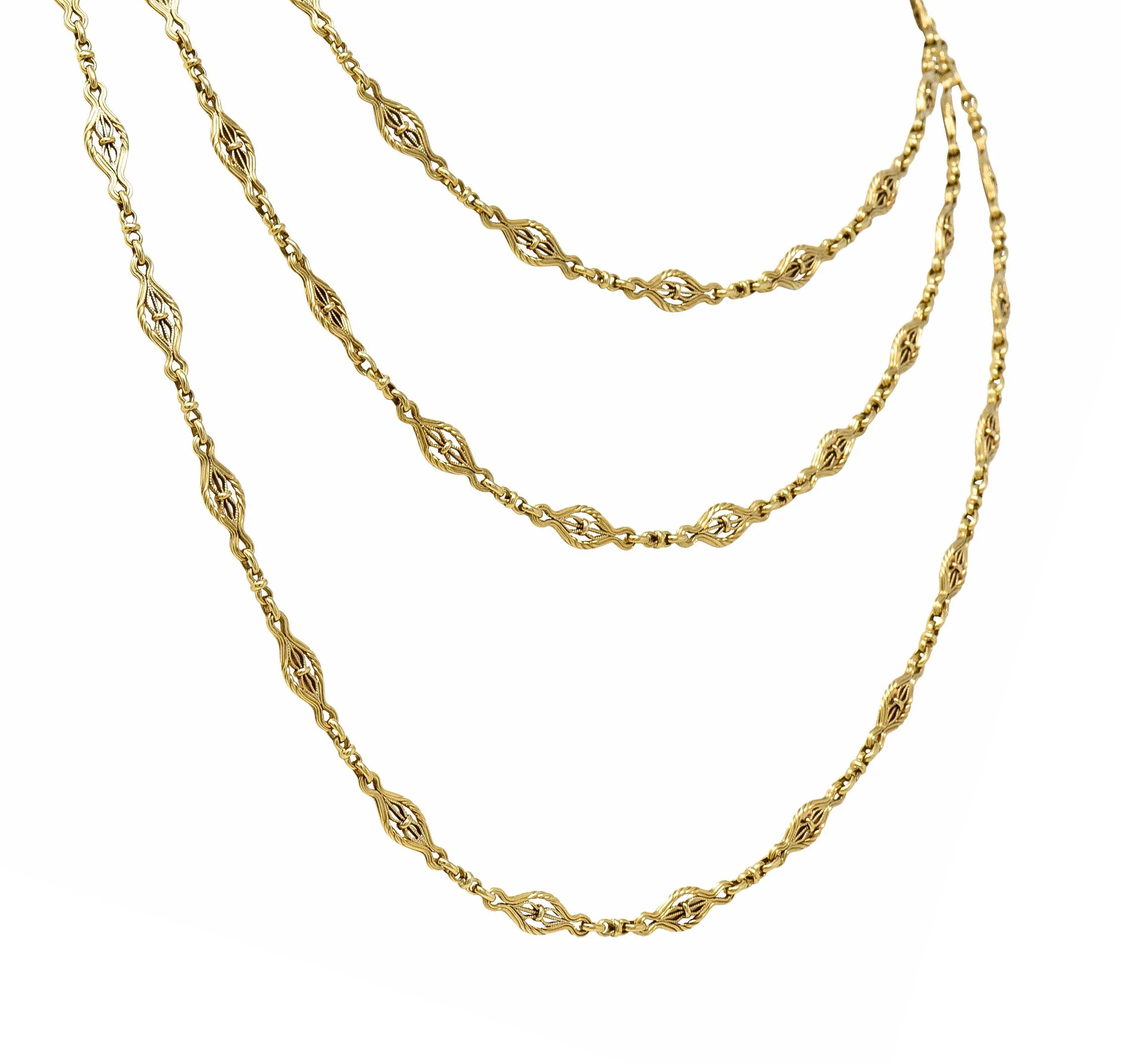 Victorian 14 Karat Gold 62 Inch Filigree Long Chain Necklace