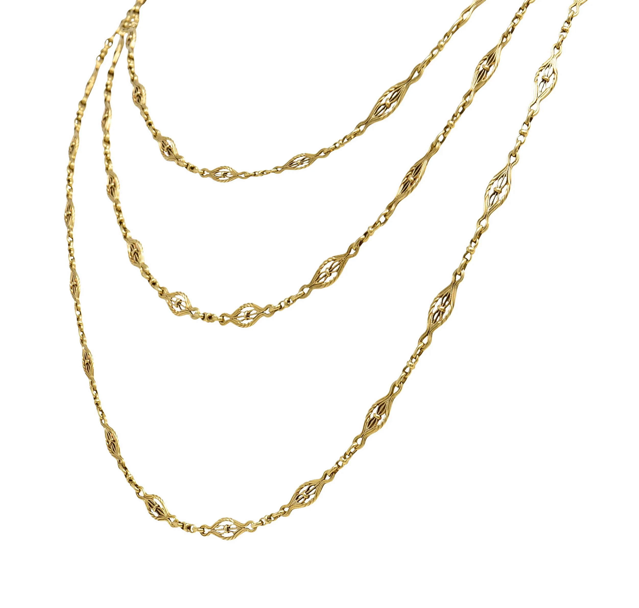 Victorian 14 Karat Gold 62 Inch Filigree Long Chain Necklace