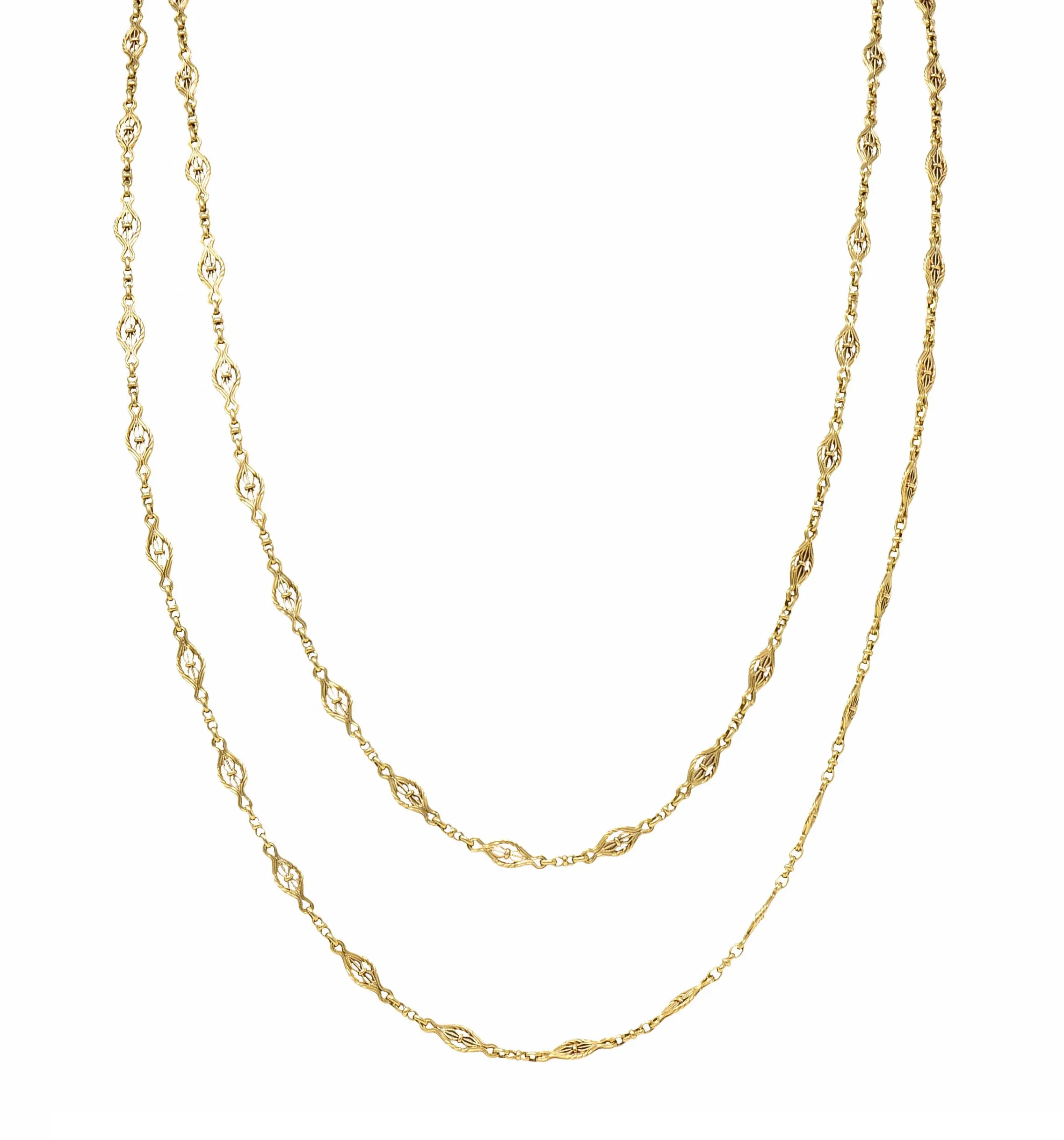 Victorian 14 Karat Gold 62 Inch Filigree Long Chain Necklace