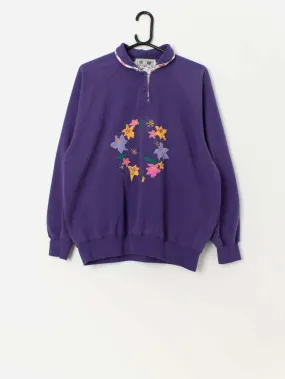 Vintage purple collared sweatshirt with colourful floral embroidery – Large / XL