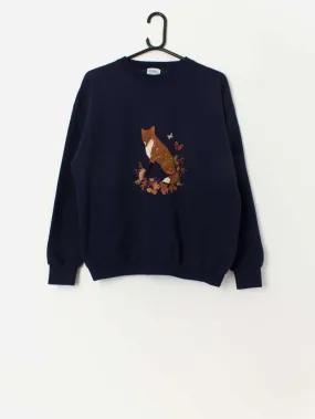 Vintage woodland applique fox sweatshirt in navy – Medium / Large